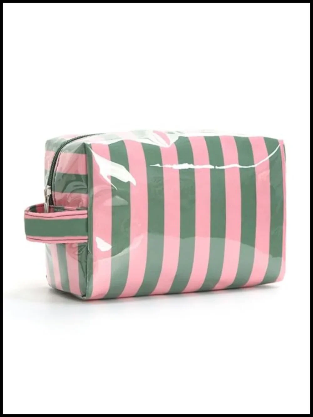 Waterproof PVC Stripe Makeup Bag with Handle Strap Large Capacity Travel